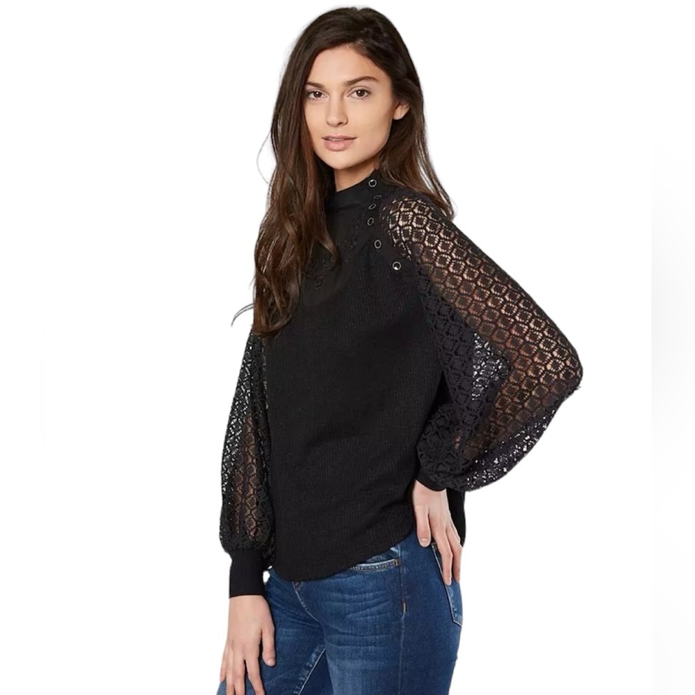 Free People Sweetest Thing Thermal Top Embroidered Lace Balloon Sleeve Black L